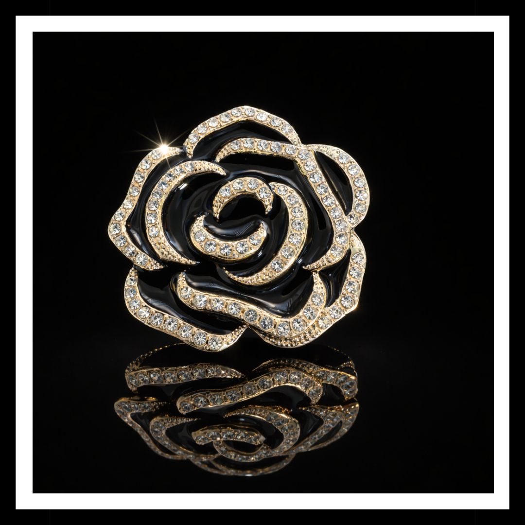 40mm Black Enamel Swarovski Crystal Trimmed Rose Brooch