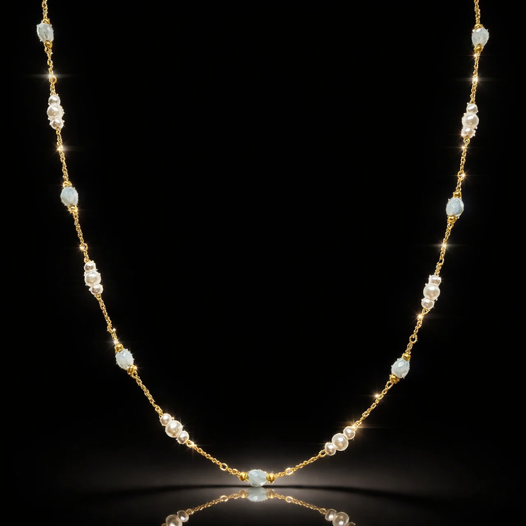 14 kt Yellow Gold IP-Plated Stainless-Steel Aquamarine & Pearl Necklace – 20"