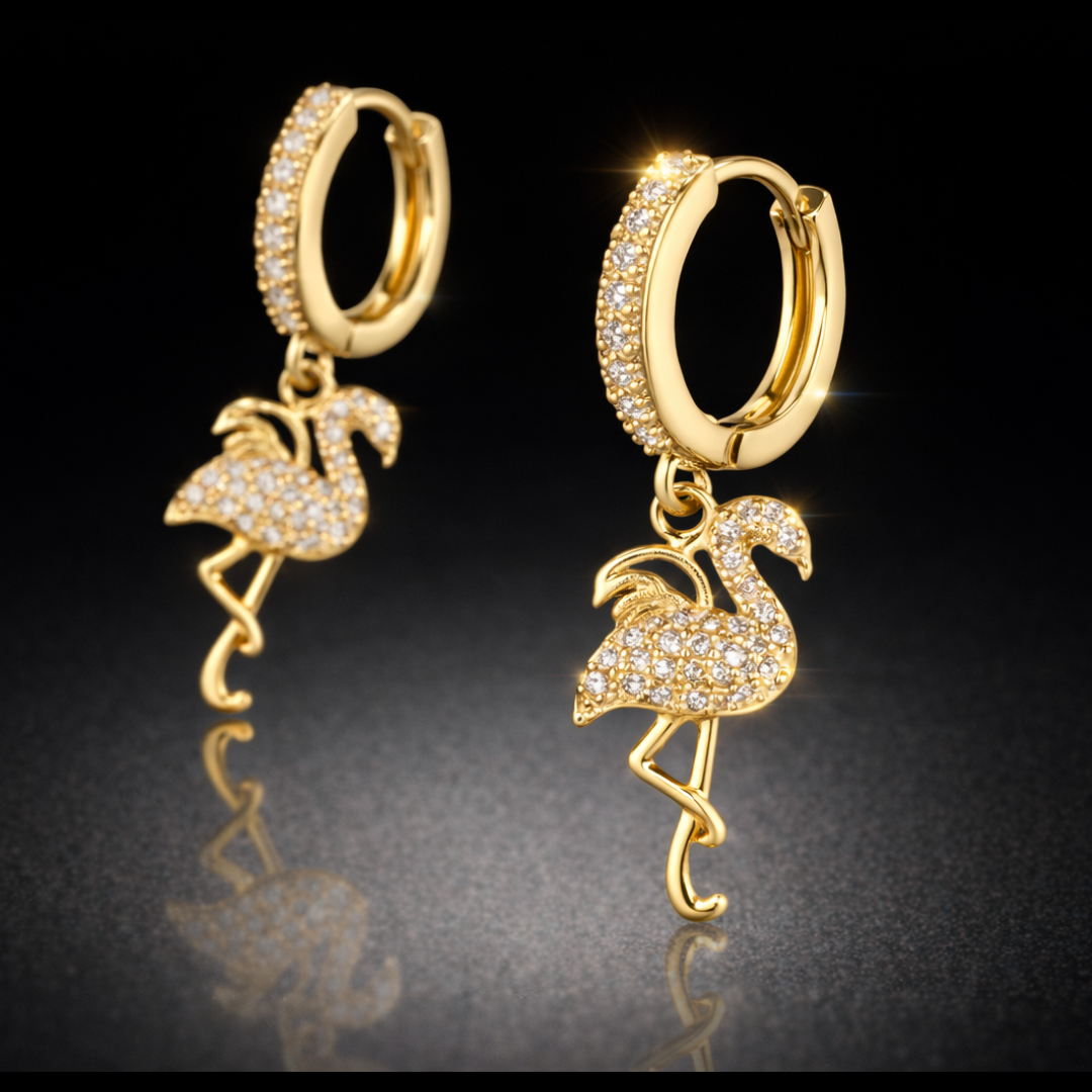 Crystal Accented Flamingo Earrings 14 KT Yellow Gold over Stainless Steel