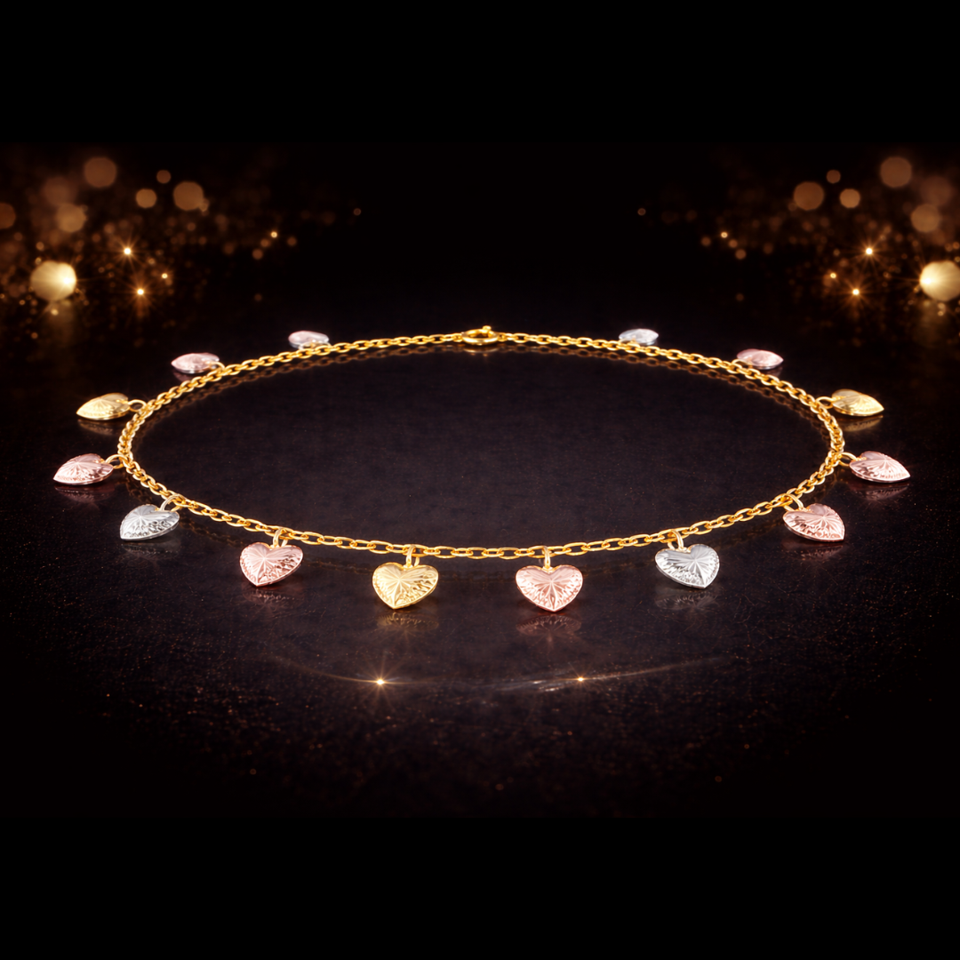 14 KT. White, Yellow & Rose Gold Diamond-Cut Dangling Heart Bracelet – 7.25"