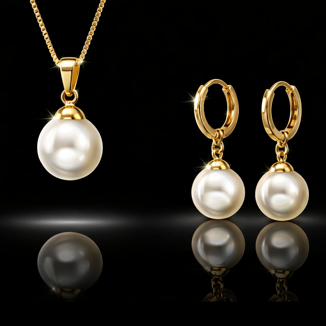 14K Yellow Gold Plated 10 mm Faux Pearl Pendant & Earring Set