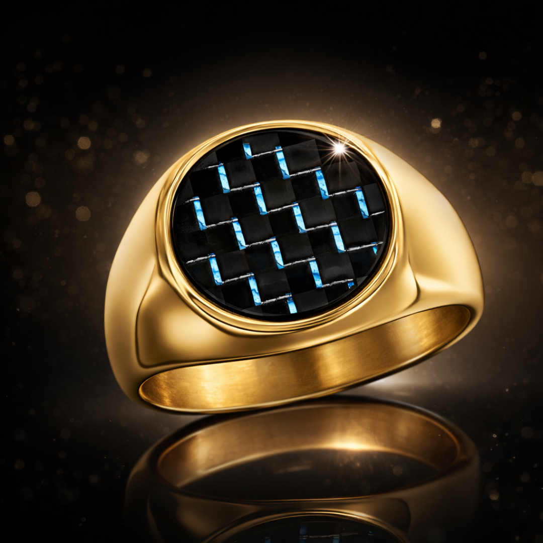 14 KT Yellow Gold & Stainless Steel Carbon Fiber Men’s Ring