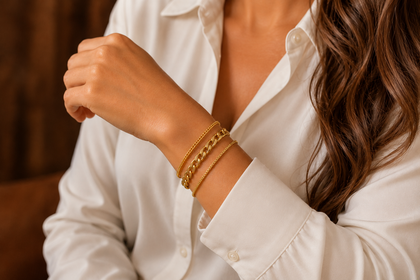 18 kt. Yellow Gold over Titanium Stainless Steel Three Bracelet Set 6.5" + 2" Inch