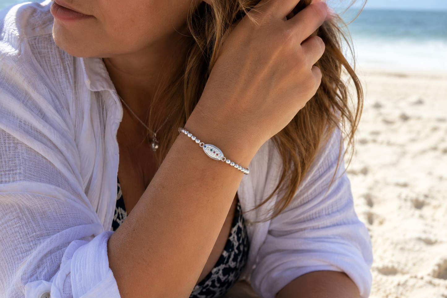 Rhodium-Finished Stainless Steel Beaded Stretch Bracelet with Gemstone Shell Charm