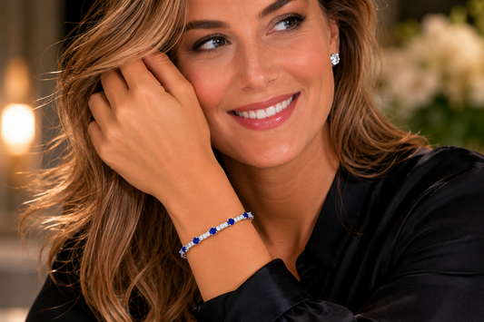 925 Rhodium Finisheh Sterling Silver 3mm LG Blue and White Sapphire Tennis Bracelet