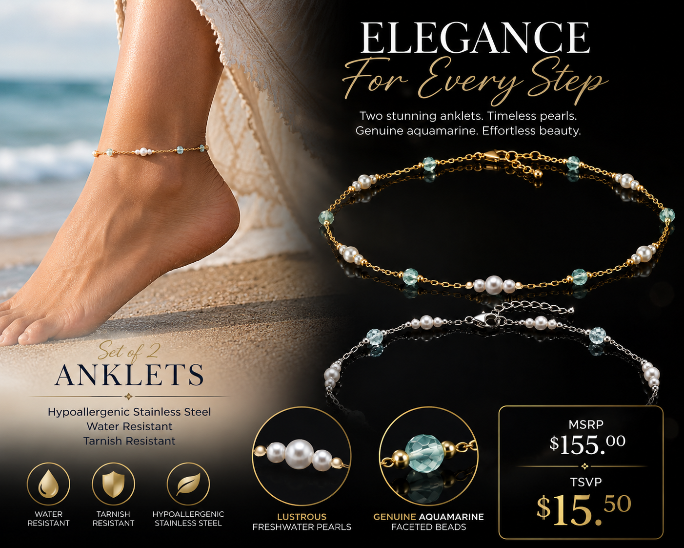 14 kt./Rhodium Freshwater Pearl & Aquamarine Station Aklet in Stainless Steel