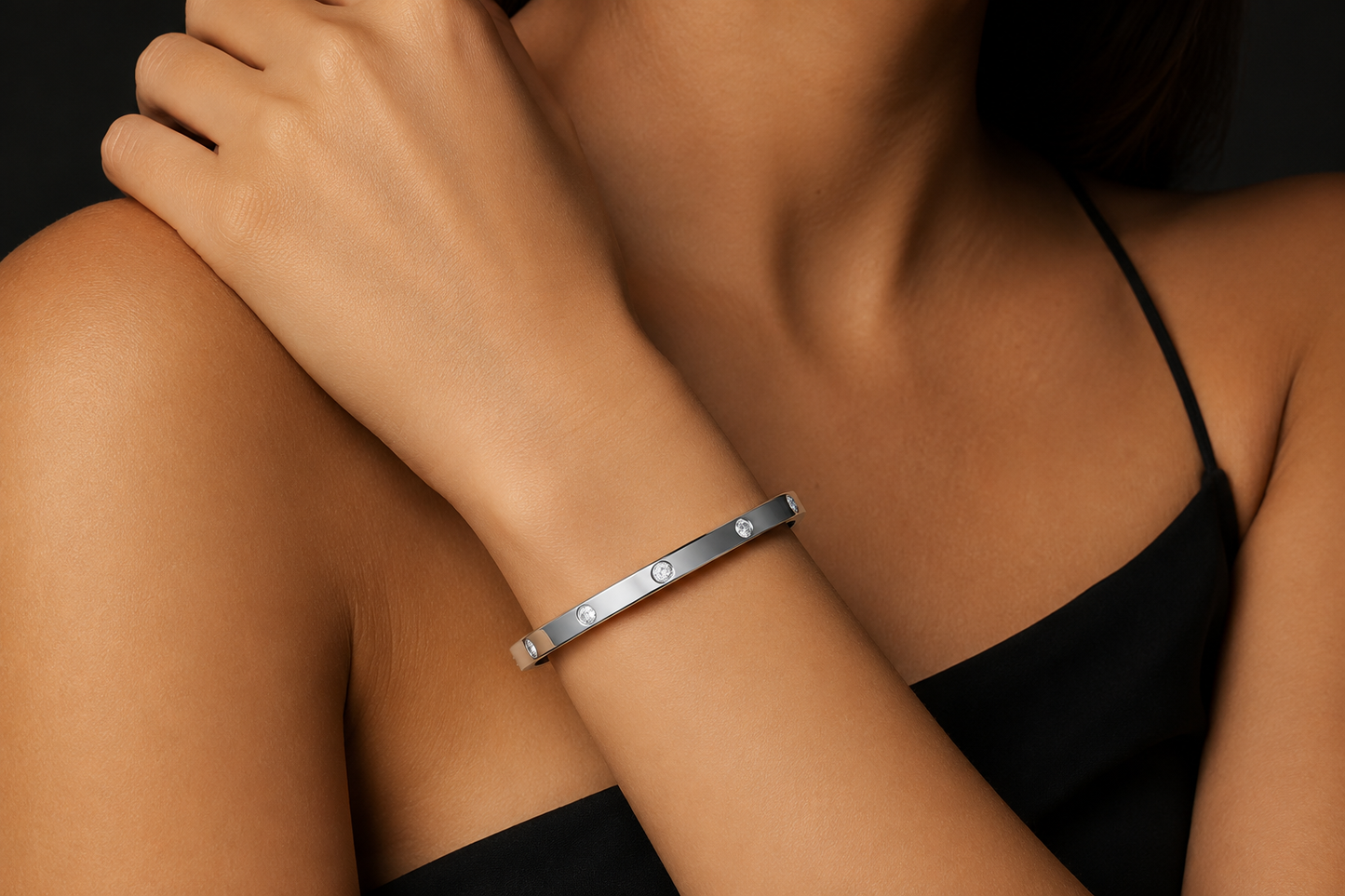 4 mm Designer Inspired Stainless Steel Cubic Zirconia Accented Bangle Bracelet