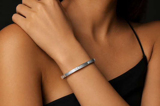 4 mm Designer Inspired Stainless Steel Cubic Zirconia Accented Bangle Bracelet