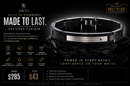 12 mm Black IP Stainless Steel Genuine Black Diamond Bracelet – 8.75 Inches