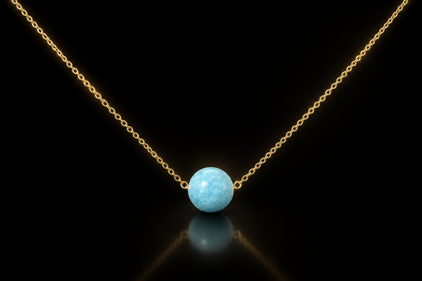 14kt. Yellow Gold  9.5mm Genuine Larimar Bead Necklace Adj. 22" Chain