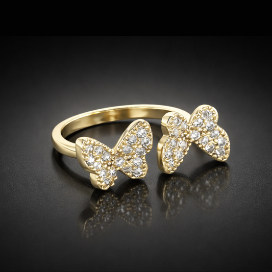 14K Yellow Gold Plated Swarovski® Crystal Pavé Double Butterfly Ring