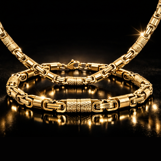 14K Yellow Gold IP Plated Byzantine Chain & Bracelet Set
