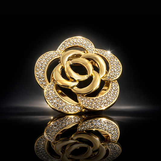 14K Yellow Gold-Plated Swarovski® Crystal Pavé Rose Clip Brooch – 40mm