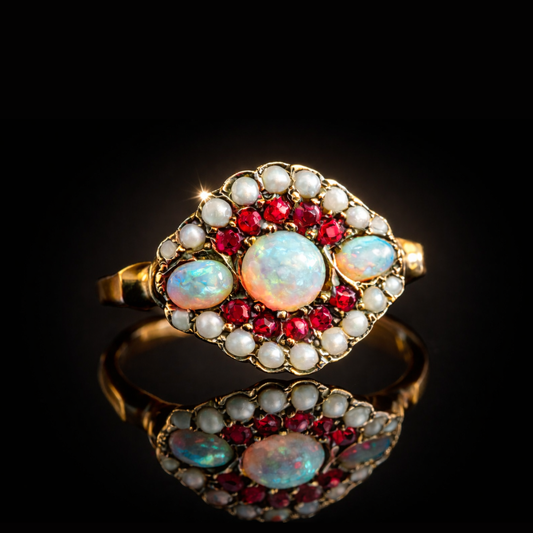 ✨ 1930s Vintage Opal, Ruby & Seed Pearl Ring