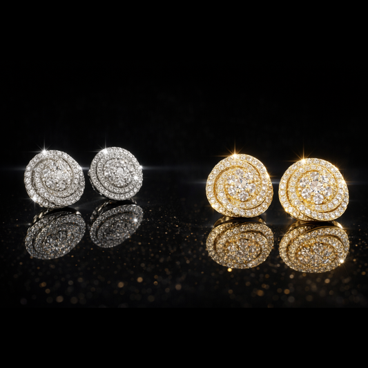 14K Gold & Rhodium Finished Sterling Silver CZ Swirling Halo Stud Earrings