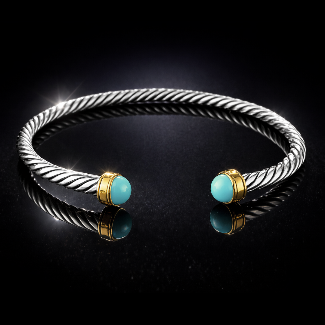 18 KT Gold &amp; Sterling Silver Turquoise Accented Designer-Inspired Twisted Bangle