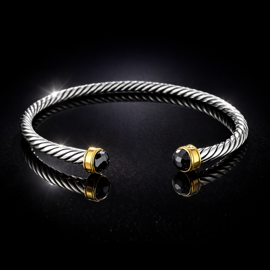 18 KT Gold & Sterling Silver Black Onyx Accented Designer-Inspired Twisted Bangle