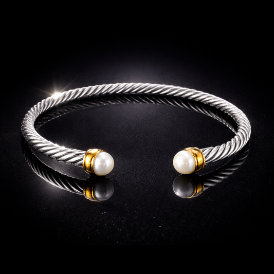 18 KT Gold & Sterling Silver Pearl Accented Designer-Inspired Twisted Bangle