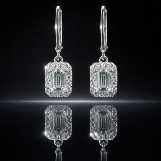 925 Rhodium Finished 2.50 CTW LG White Sapphire Emerald Cut Dangle Earrings