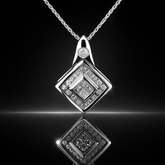 Rhodium Finished 14 kt. Gold .94 ctw. Princess Cut & Round Diamond Pendant with 18" Chain