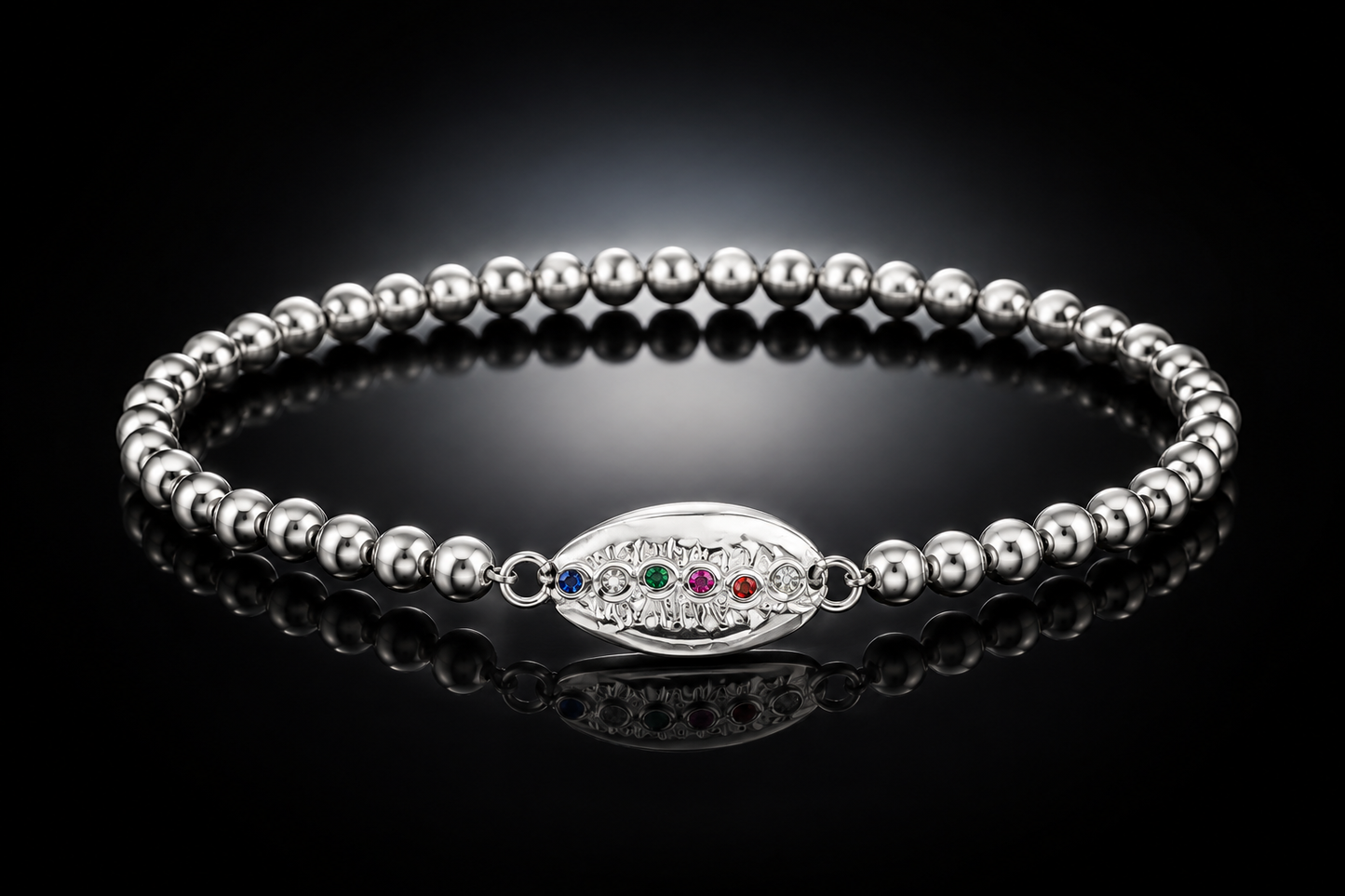 Rhodium-Finished Stainless Steel Beaded Stretch Bracelet with Gemstone Shell Charm