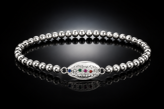 Rhodium-Finished Stainless Steel Beaded Stretch Bracelet with Gemstone Shell Charm
