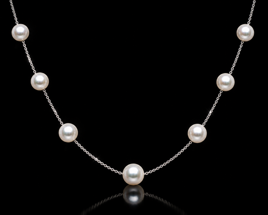 14 kt. White Gold 8.5 mm Genuine Japanese Akoya Pearl 8 Station 18" Necklace