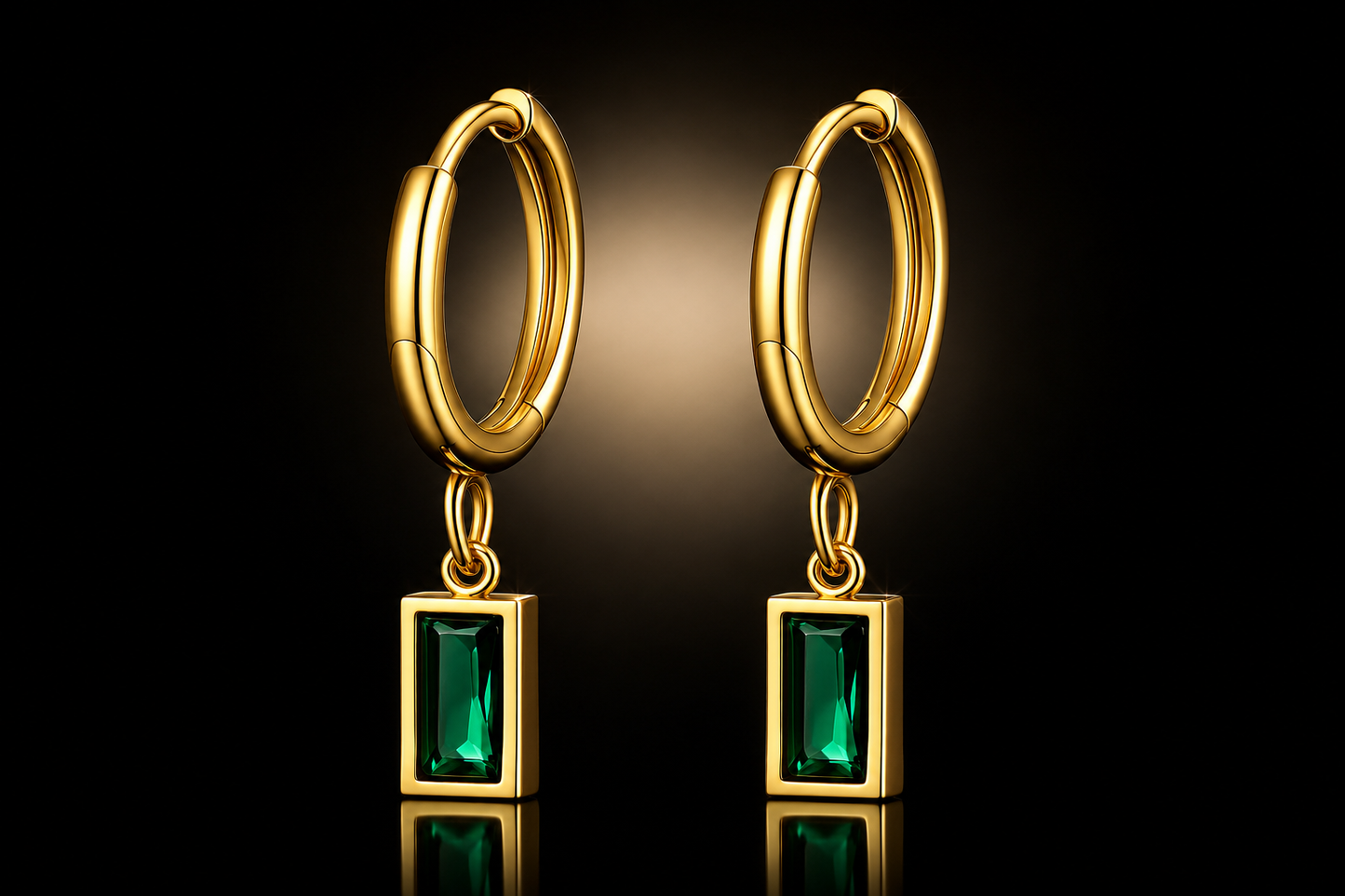 18kt Gold over Titanium Steel 15mm Hoops with Emerald Baguette Dangle