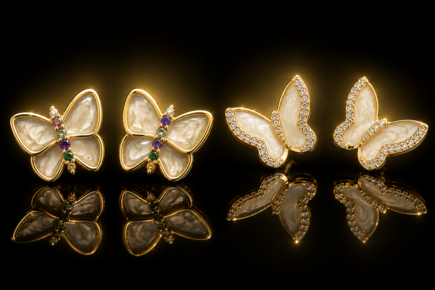 14kt.  Yellow Gold PVD Mother of Pearl Butterfly Studs  1450 - Multi Color 1451 - White Sapphire