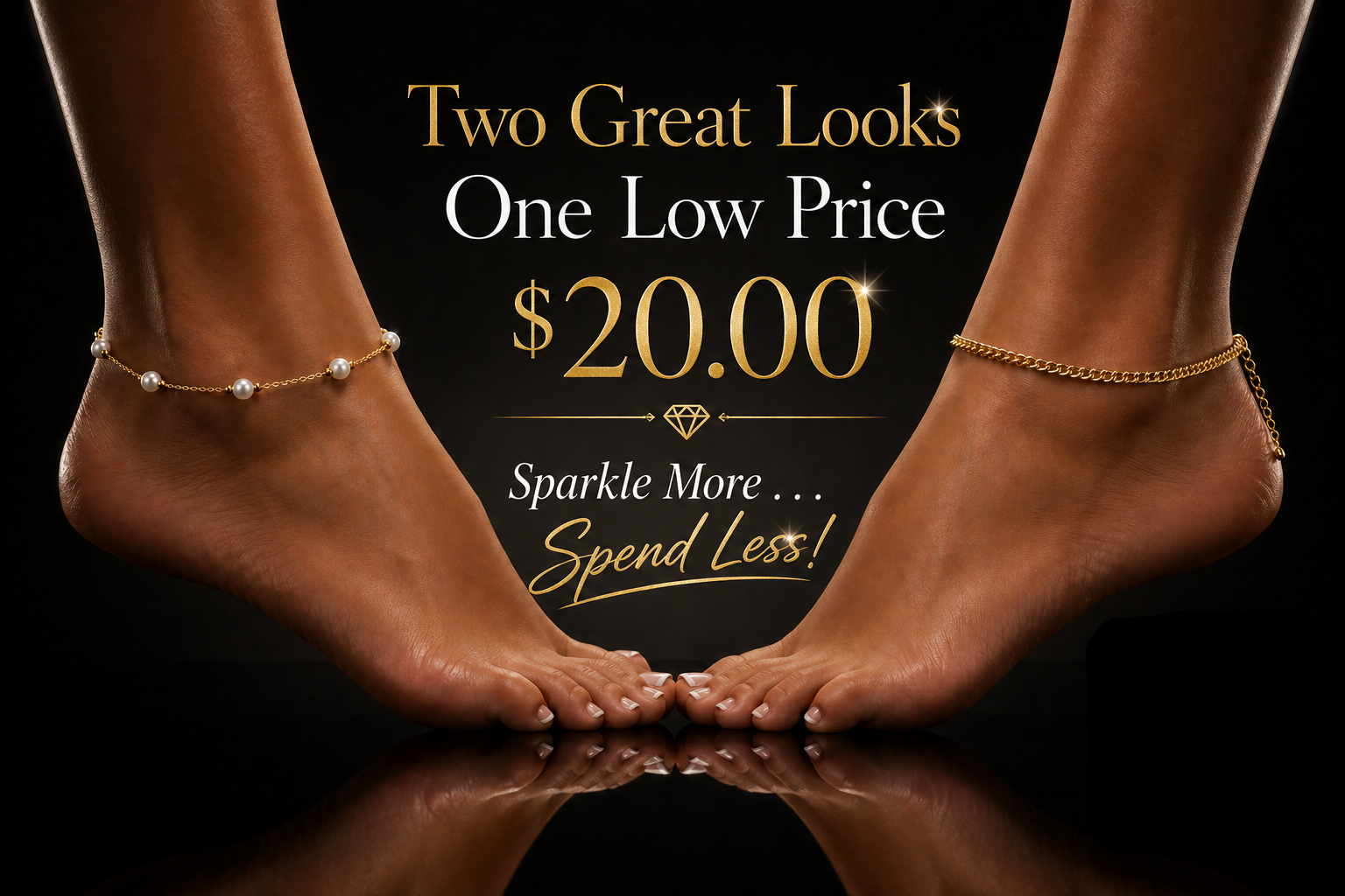 Ankle bracelets on feet with promotional text and QR code on a dark background