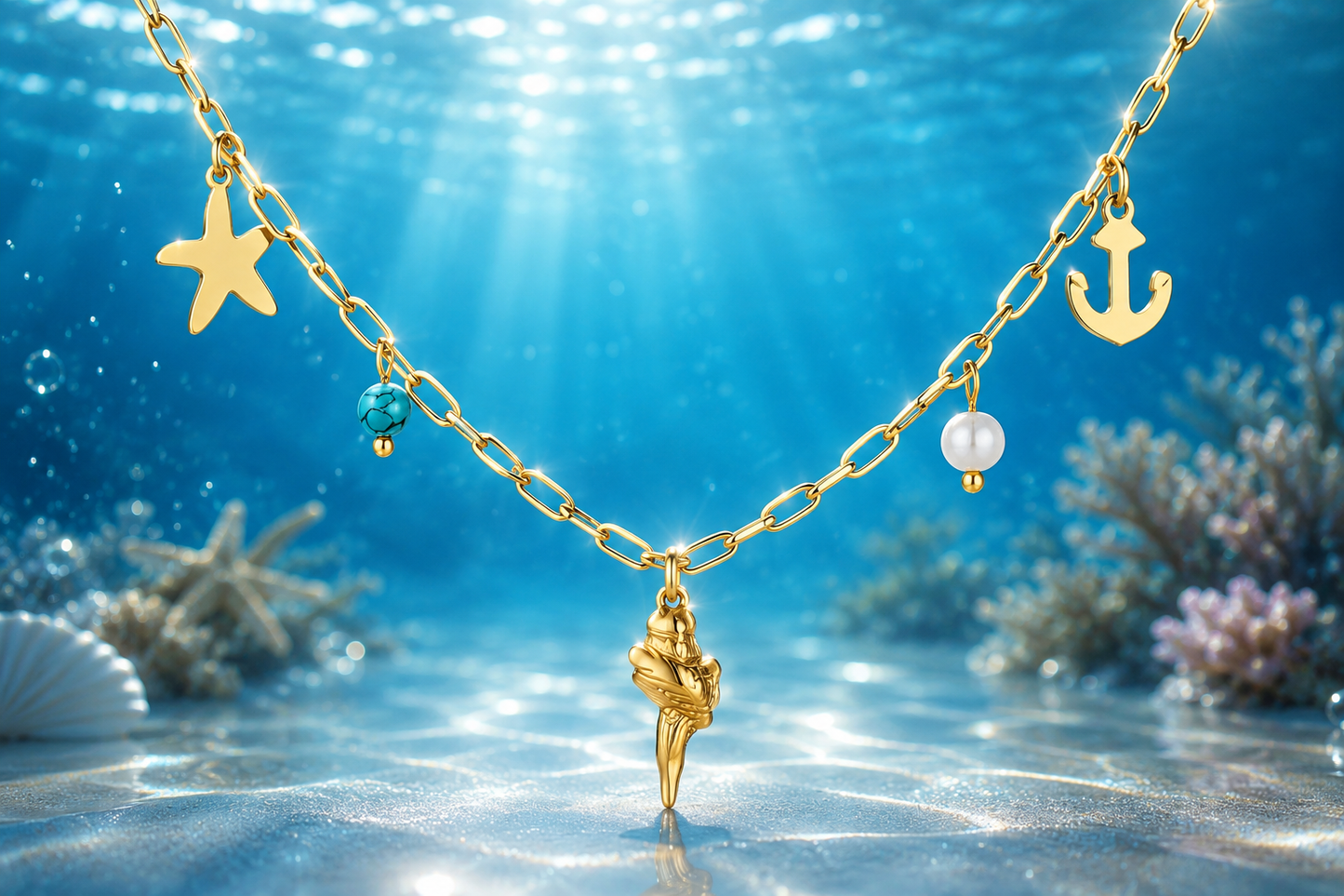 14 kt. Yellow Gold Stainless Steel Seashell, Pearl & Turquoise 18" Necklace