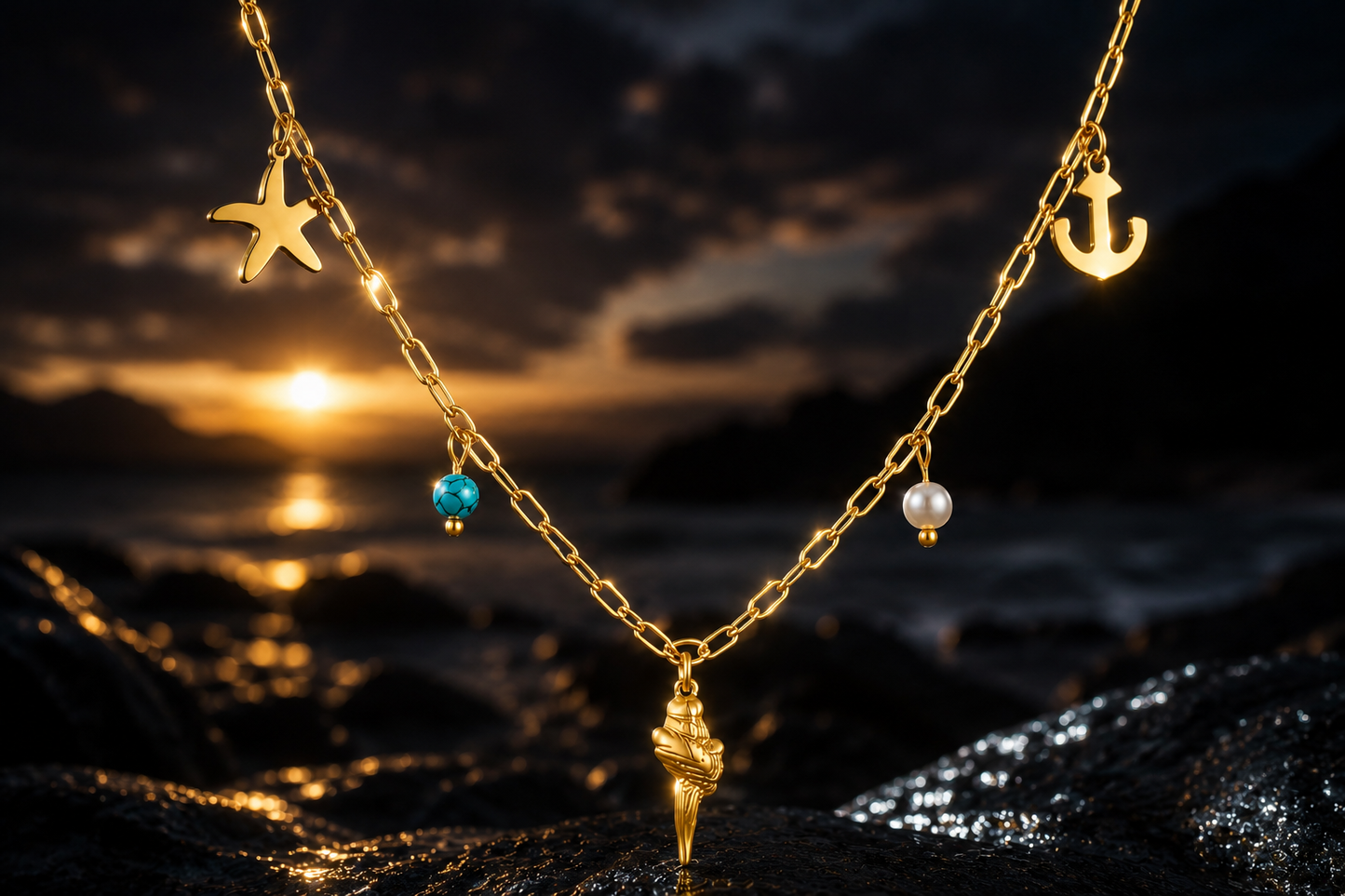 14 kt. Yellow Gold Stainless Steel Seashell, Pearl & Turquoise 18" Necklace