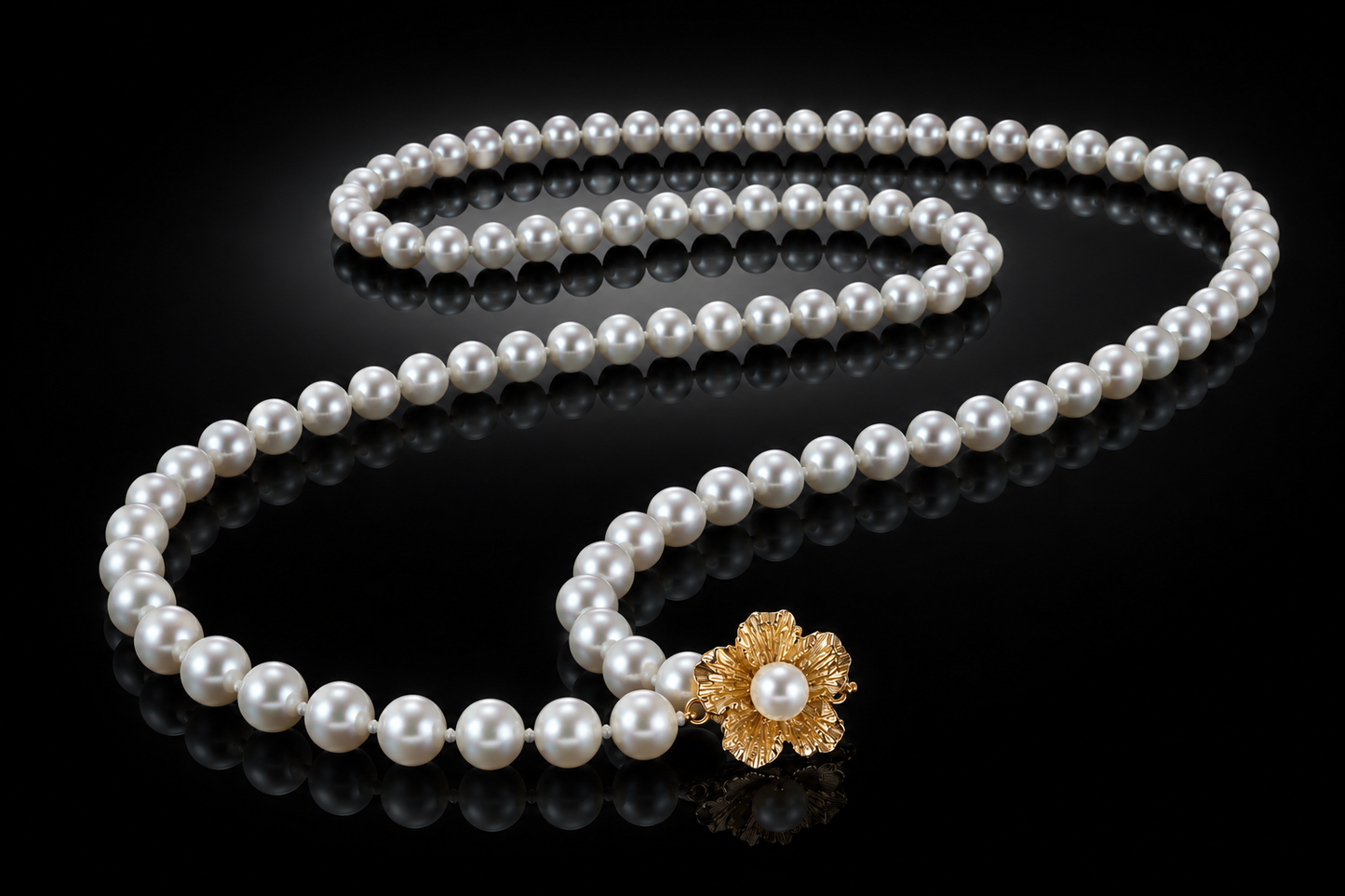 14 kt. Gold 8 mm AAA Quality Genuine Akoya Pearl Necklace – 24" with Hibiscus Clasp