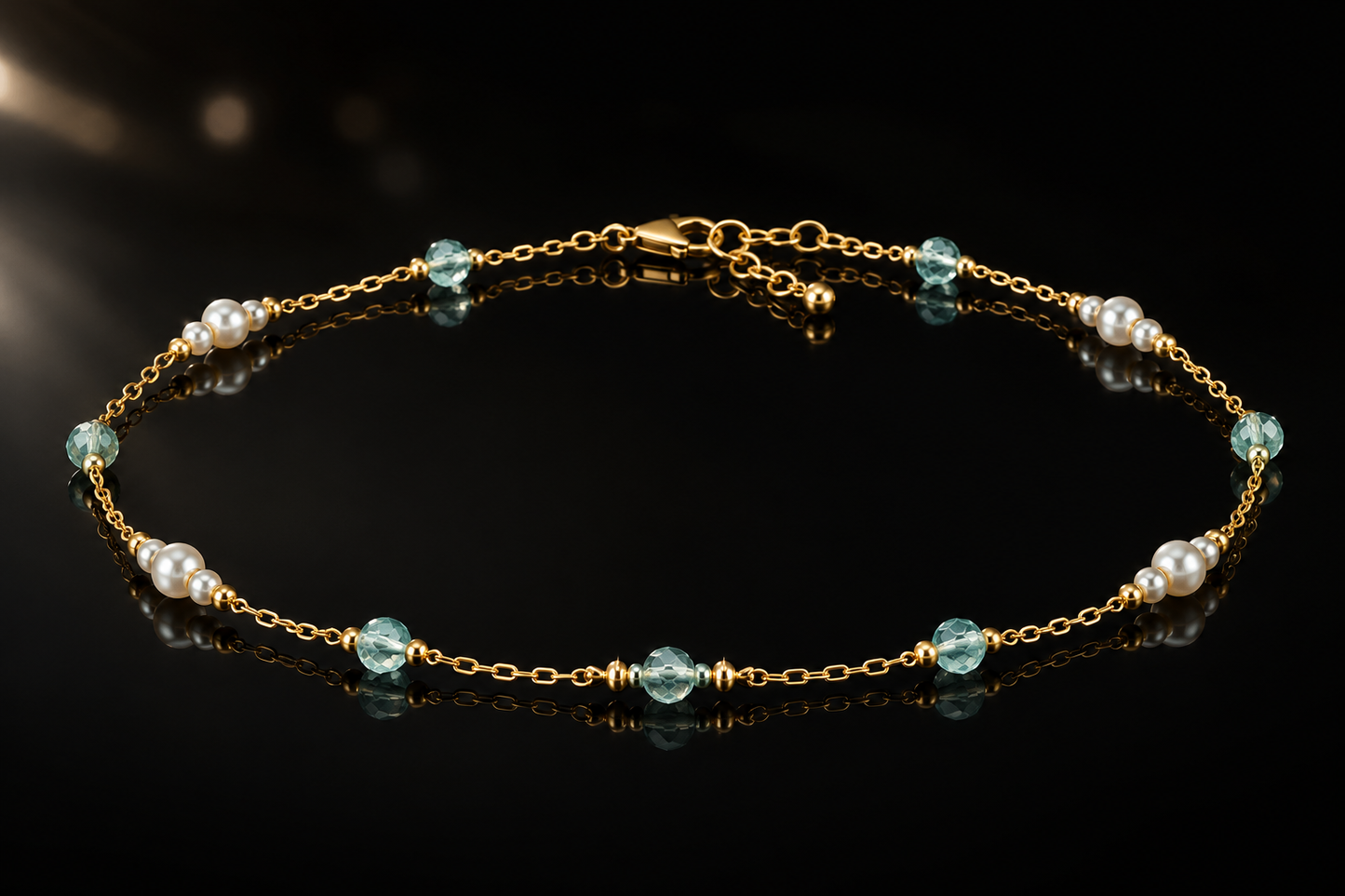14 kt./Rhodium Freshwater Pearl & Aquamarine Station Aklet in Stainless Steel