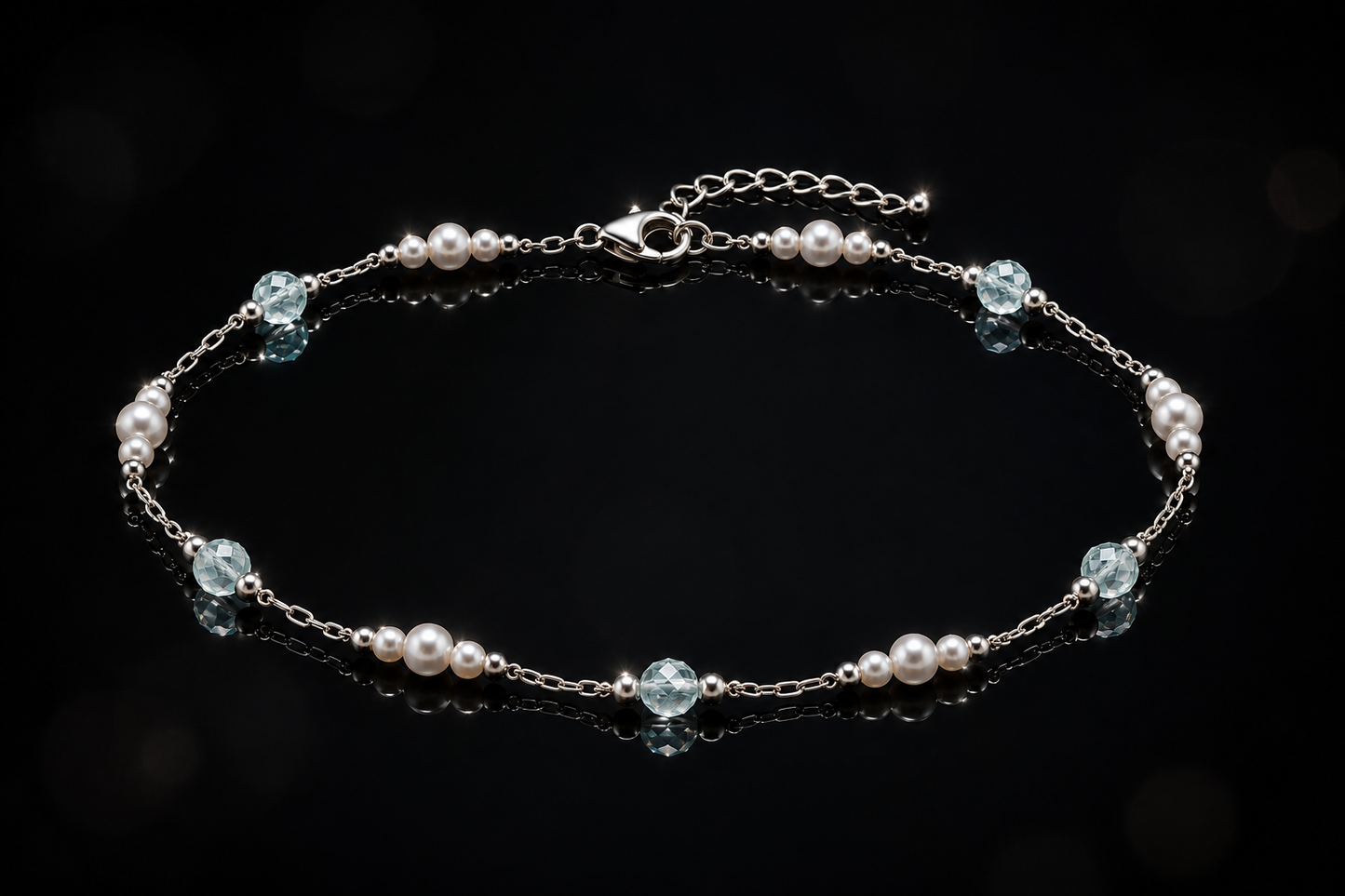 14 kt./Rhodium Freshwater Pearl & Aquamarine Station Aklet in Stainless Steel