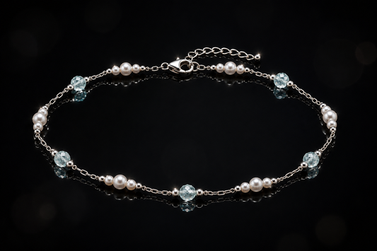 14 kt./Rhodium Freshwater Pearl & Aquamarine Station Aklet in Stainless Steel