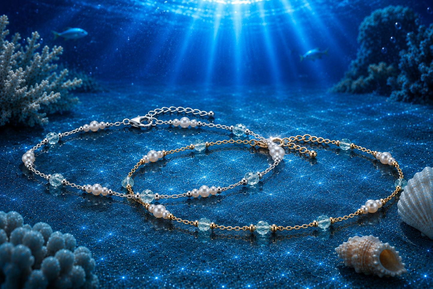 14 kt./Rhodium Freshwater Pearl & Aquamarine Station Aklet in Stainless Steel