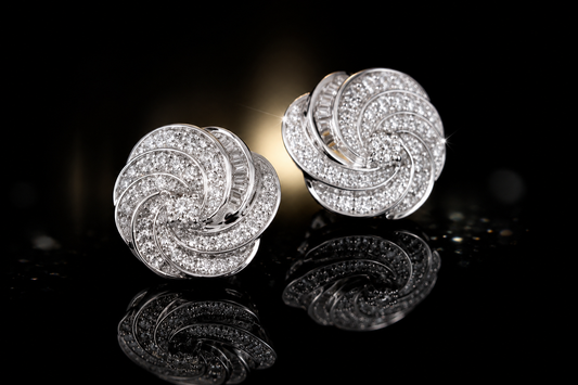 Triple Rhodium Finished Stainless Steel Round & Baguette Swirling “CZ” Studs