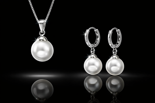 Rhodium Finished 10 mm Faux Pearl Pendant &amp; Earring Set