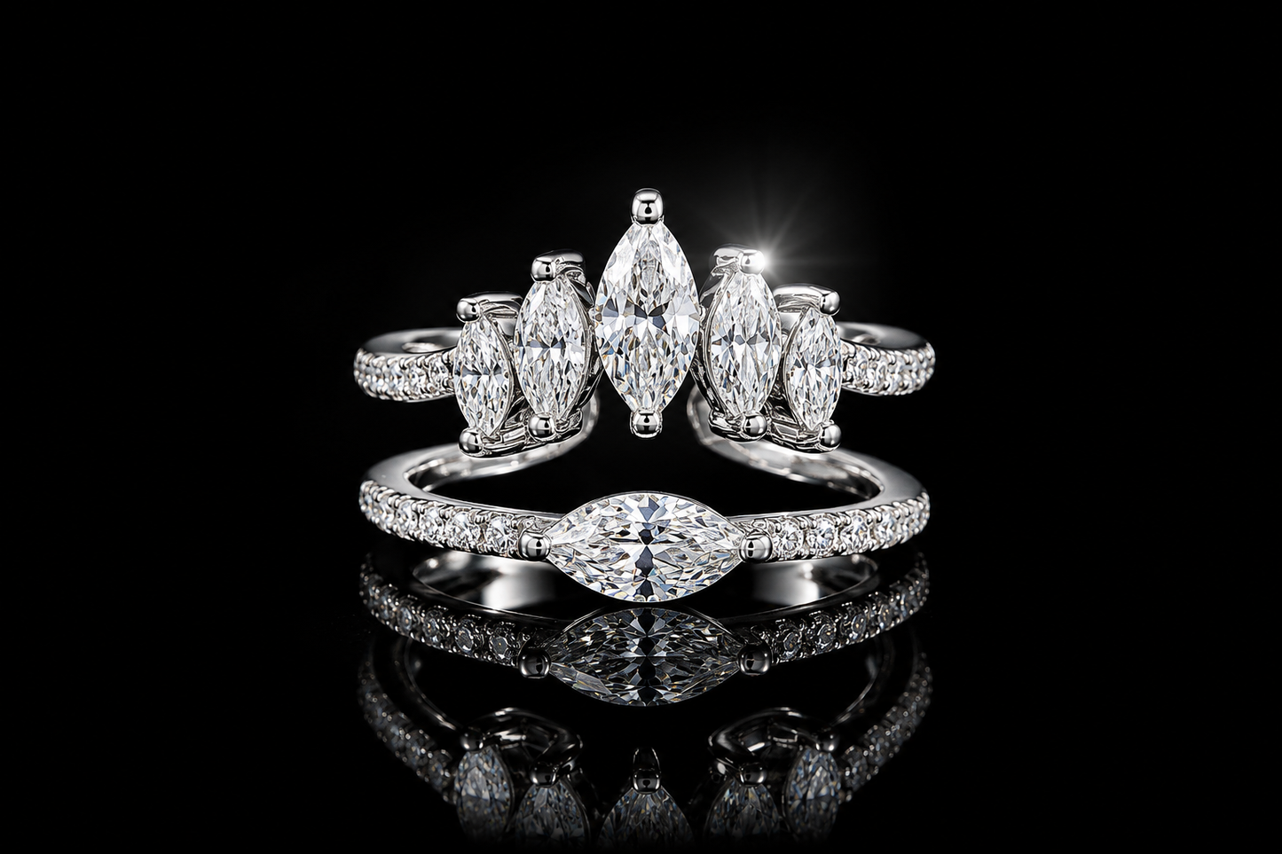 14 kt./Rhodium Finished 1.50 ctw. Cubic Zirconia Marquise Adjustable Stack Ring
