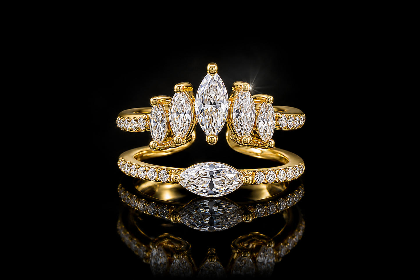 14 kt./Rhodium Finished 1.50 ctw. Cubic Zirconia Marquise Adjustable Stack Ring