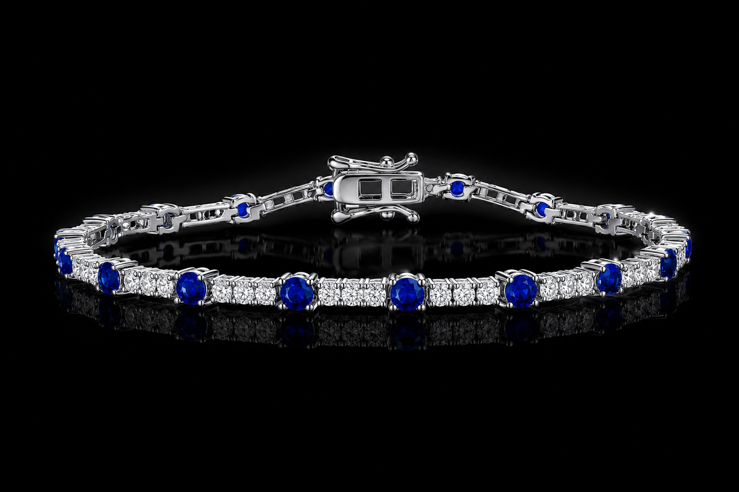 925 Rhodium Finisheh Sterling Silver 3mm LG Blue and White  Sapphire Tennis Bracelet