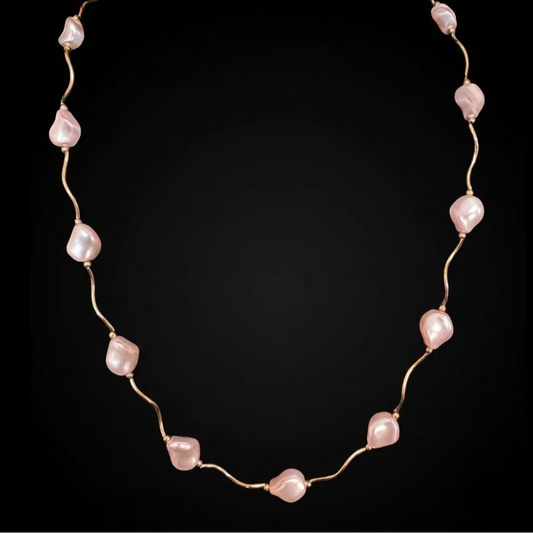 14 kt. Yellow Gold Genuine Carved Pink Mother-of-Pearl 14 Station  18" Necklace