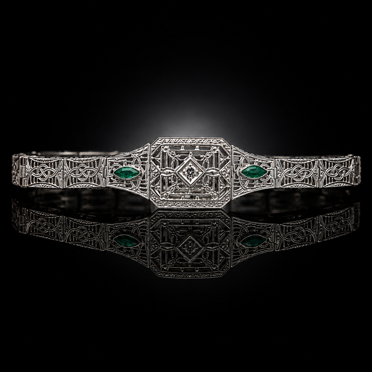 18 kt. White Gold Vintage Circa 1920 Genuine Emerald & Diamond Bracelet