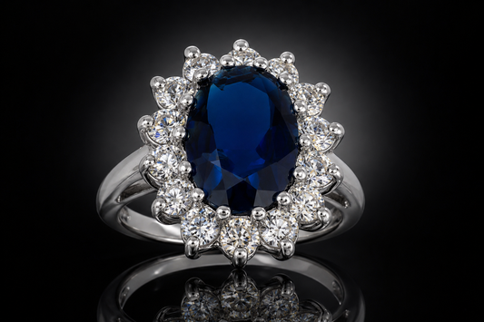 925 Triple Rhodium Finished Sterling Silver LG Blue & White Sapphire Ring