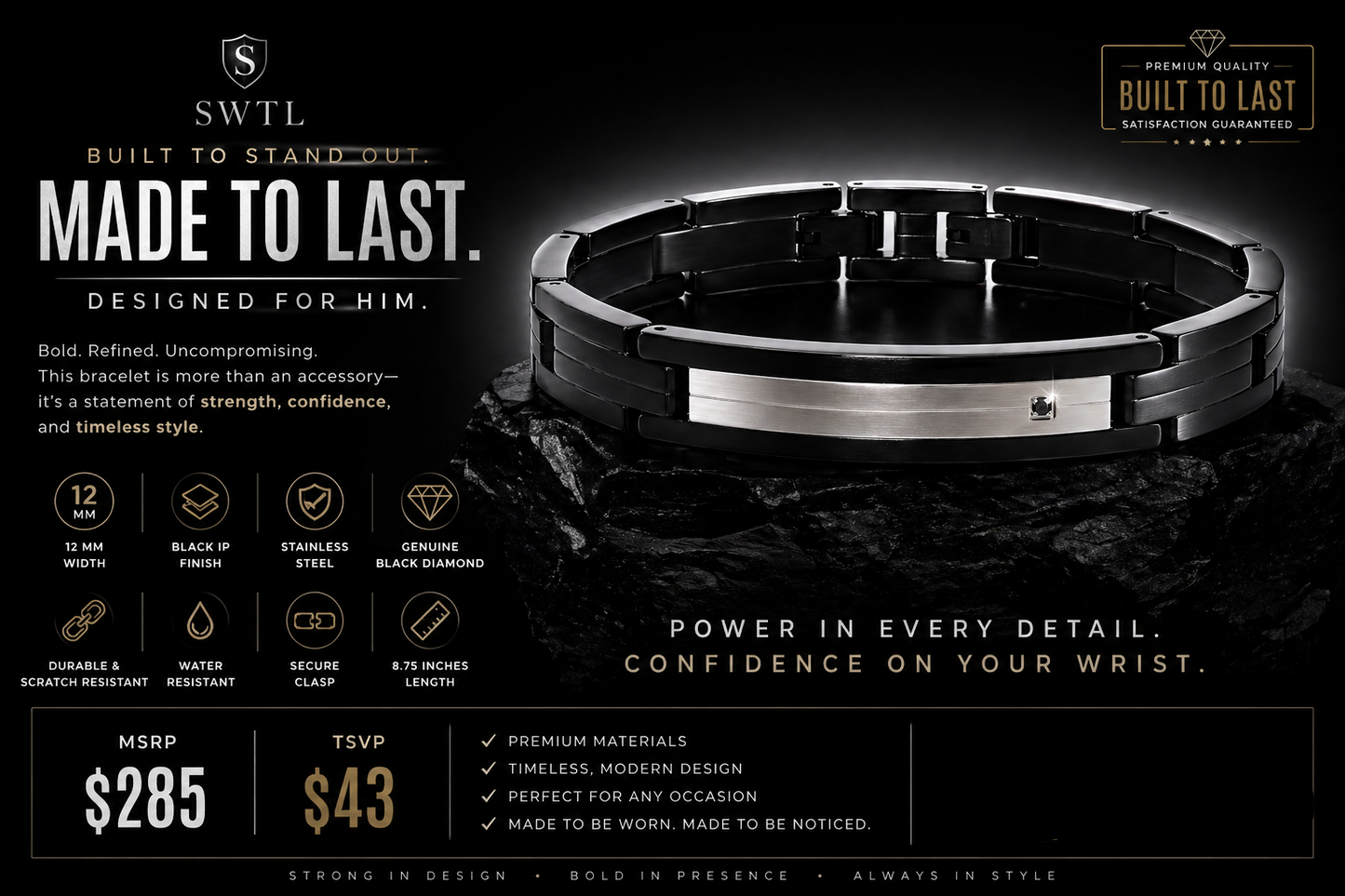 12 mm Black IP Stainless Steel Genuine Black Diamond Bracelet – 8.75 Inches