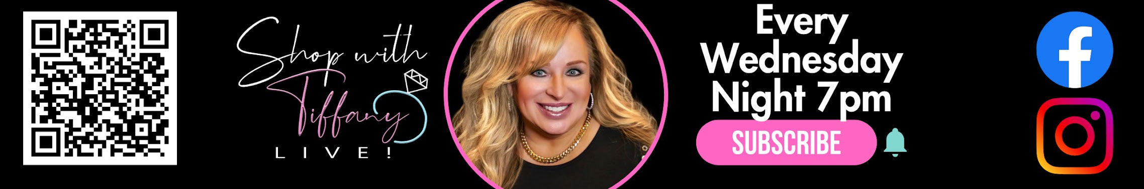 Promotional banner for a live event with a woman's face, QR code, and social media icons.